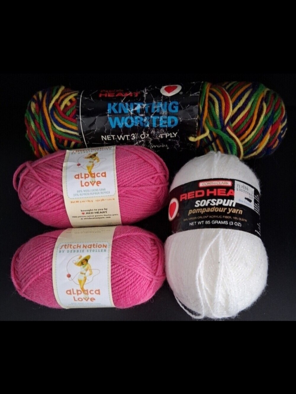 NWT Lot Of 4 Red Heart Pink/White/Rainbow Alpaca & Wool Blend Knit Craft Yarn